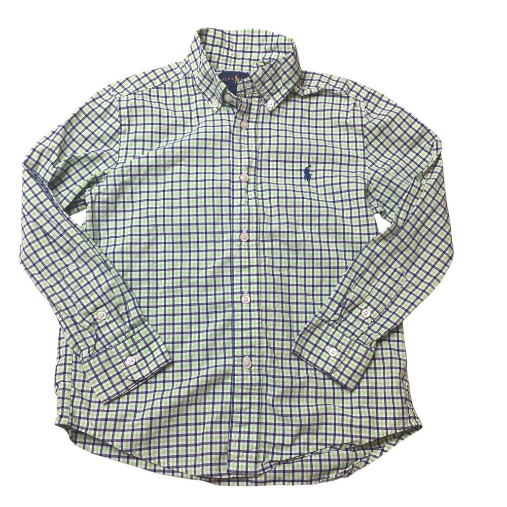 Ralph Lauren Boys Green White Navy Blue Plaid Shirt Size 6